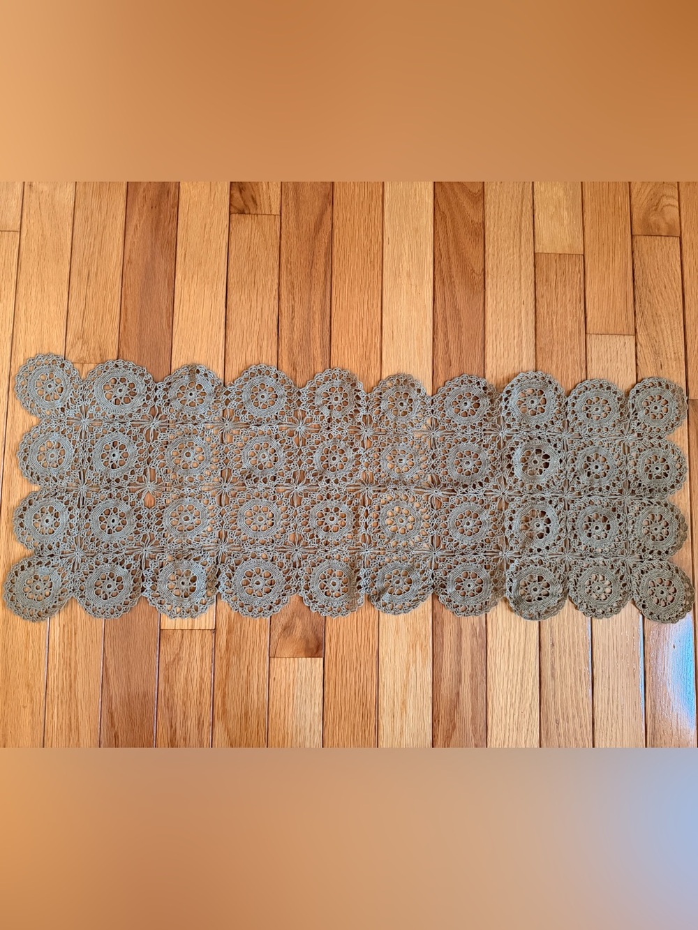 Tan khaki 10.5 x 29 inch lacy doilie handmade by my grandmother